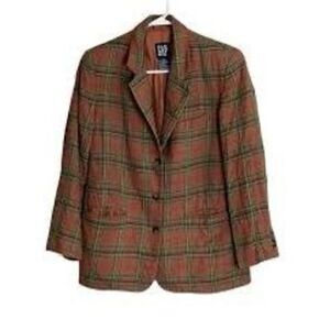 Gap Womens Size Small Wool Plaid Jacket Brown Red Green 3 Button Double Breasted